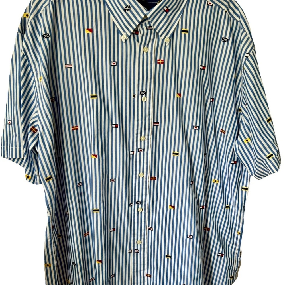 Vintage Tommy Hilfiger Mens Blue White Striped Flag Button Down LS Shirt Sz XXL
